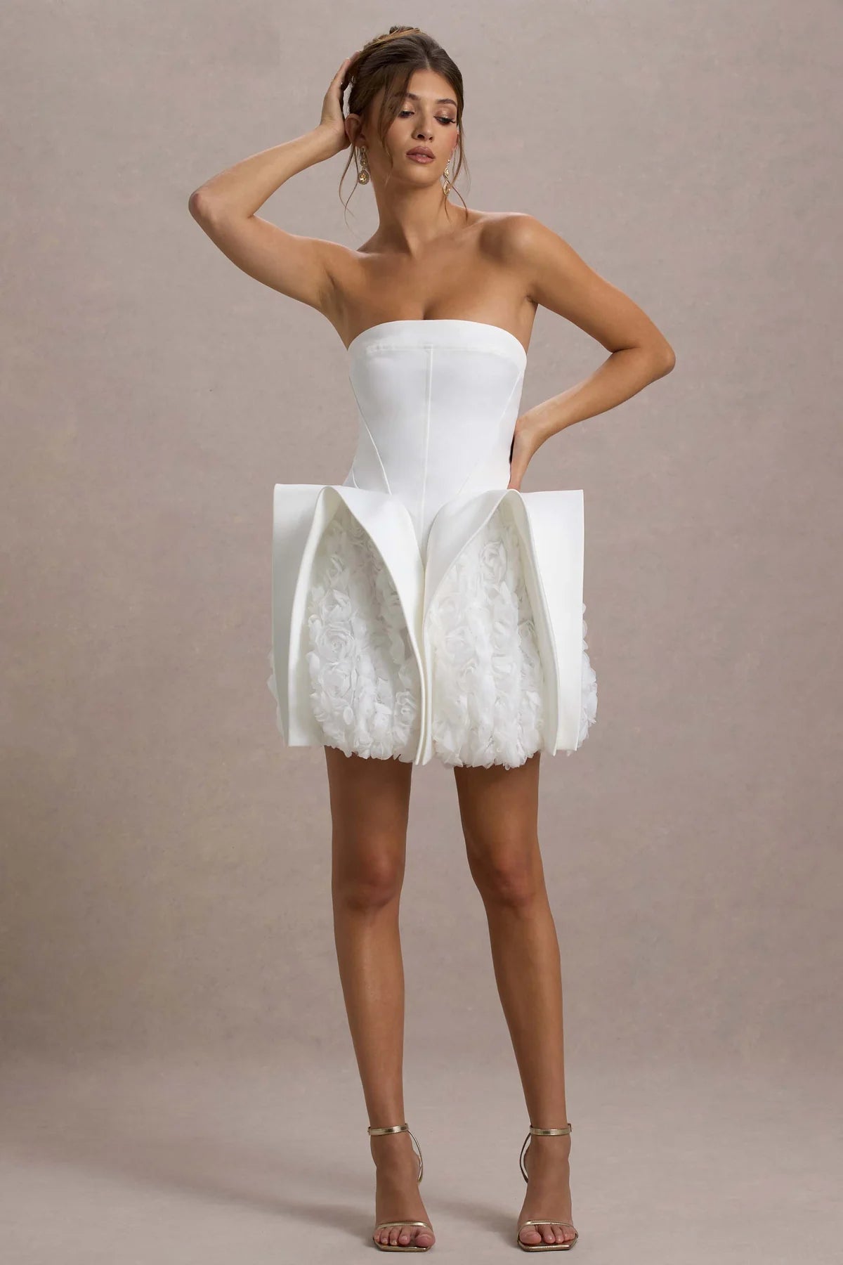 Flowering Girl Women White Bandeau Mini Dress With Puff Floral Hem