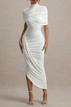 Flowering Girl Women Asymmetric Cape Ruched Midi Dress - White