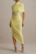 Flowering Girl Women Asymmetric Cape Ruched Midi Dress - Yellow