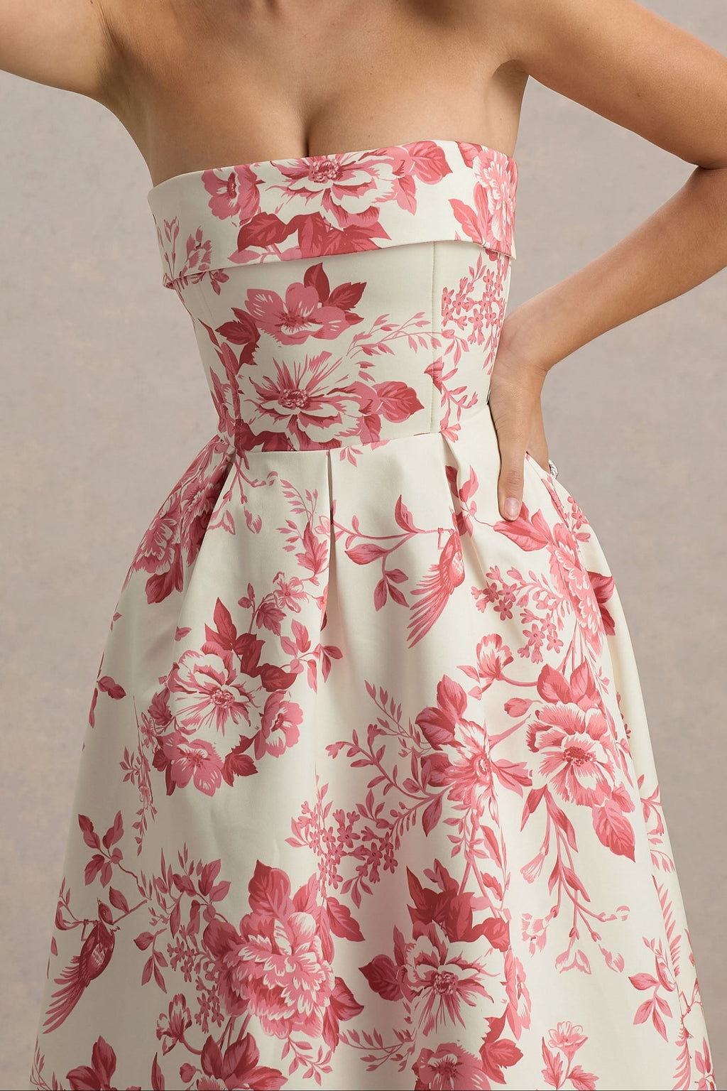 Cream & Pink Floral Strapless Midi Dress
