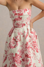 Cream & Pink Floral Strapless Midi Dress