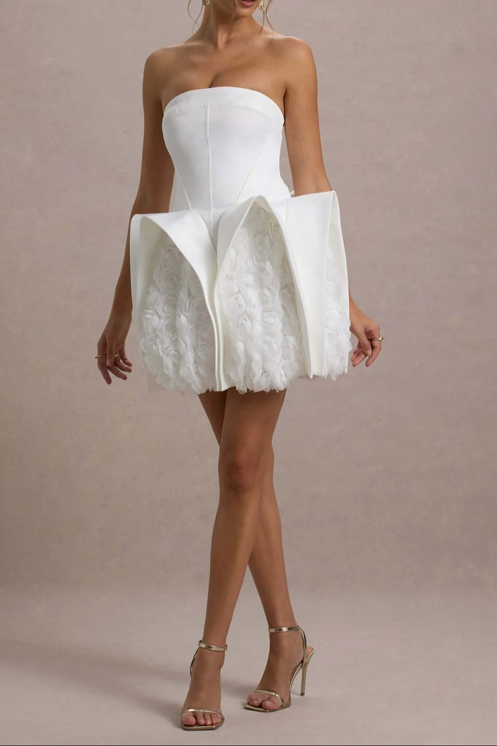 Flowering Girl Women White Bandeau Mini Dress With Puff Floral Hem