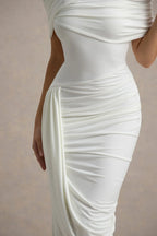 Flowering Girl Women Asymmetric Cape Ruched Midi Dress - White