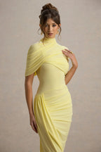 Flowering Girl Women Asymmetric Cape Ruched Midi Dress - Yellow