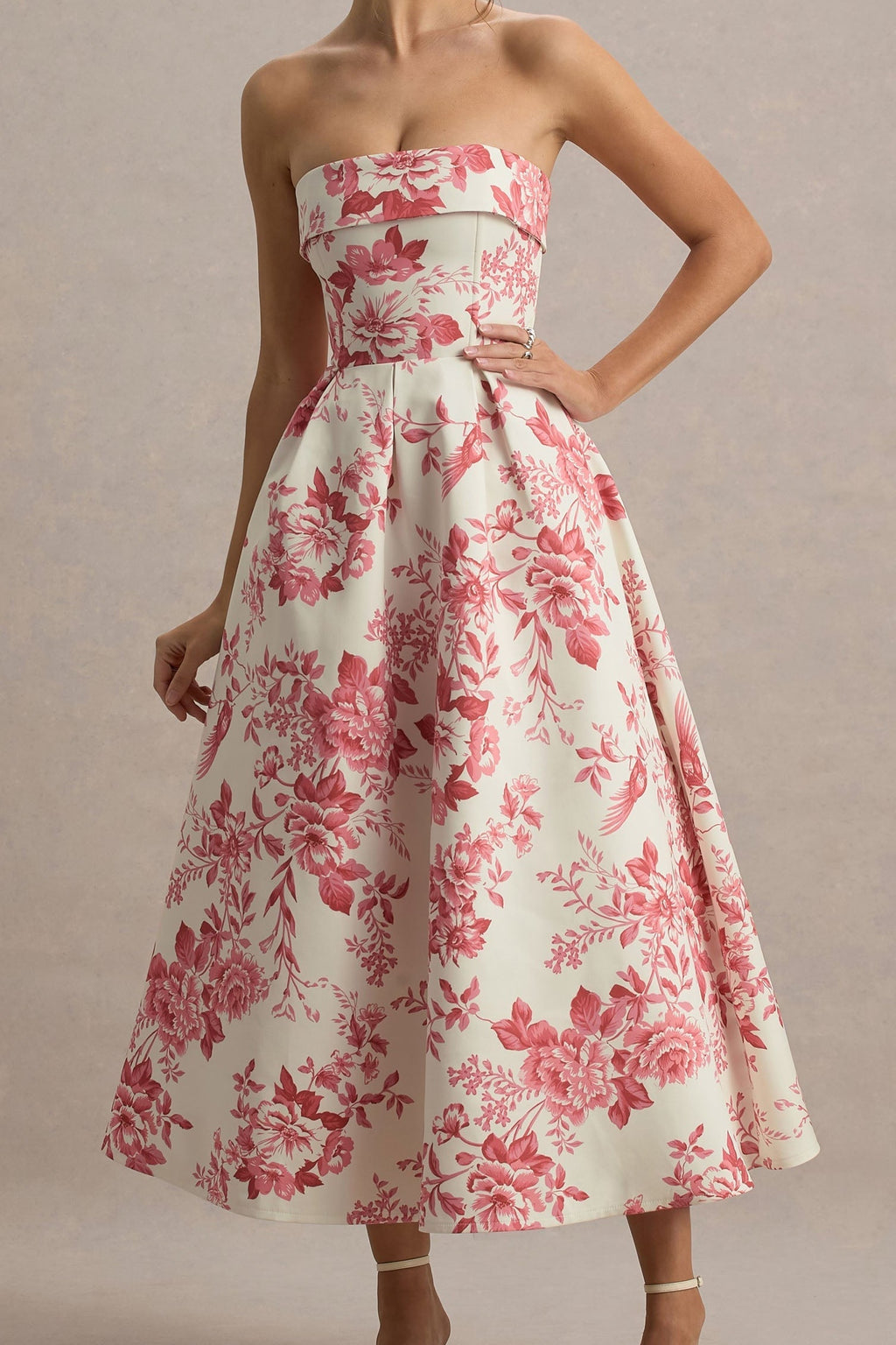 Cream & Pink Floral Strapless Midi Dress