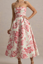 Cream & Pink Floral Strapless Midi Dress