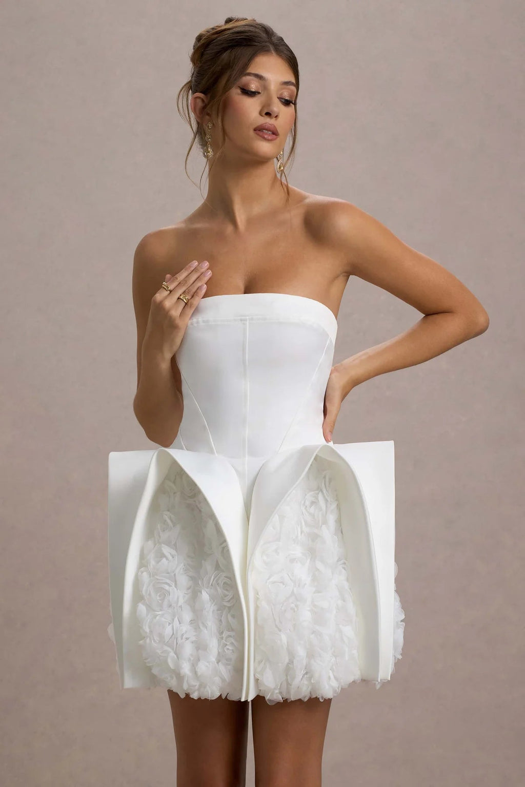 Flowering Girl Women White Bandeau Mini Dress With Puff Floral Hem