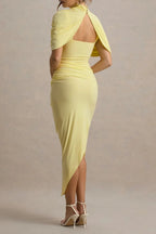 Flowering Girl Women Asymmetric Cape Ruched Midi Dress - Yellow
