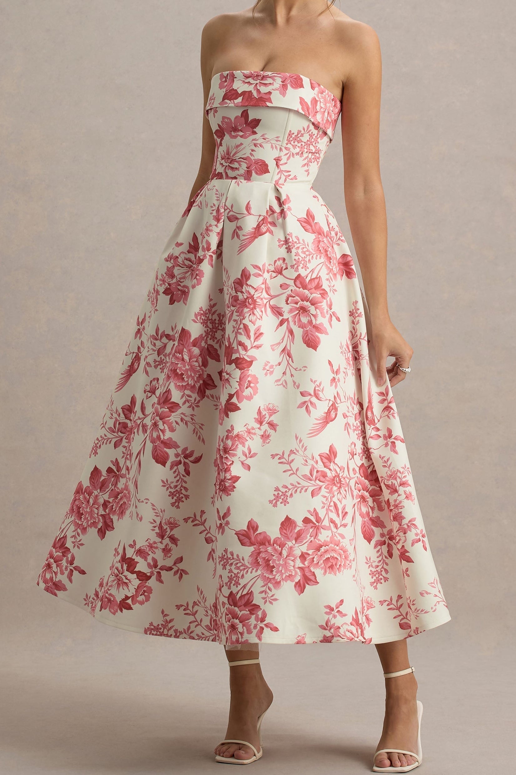 Cream & Pink Floral Strapless Midi Dress