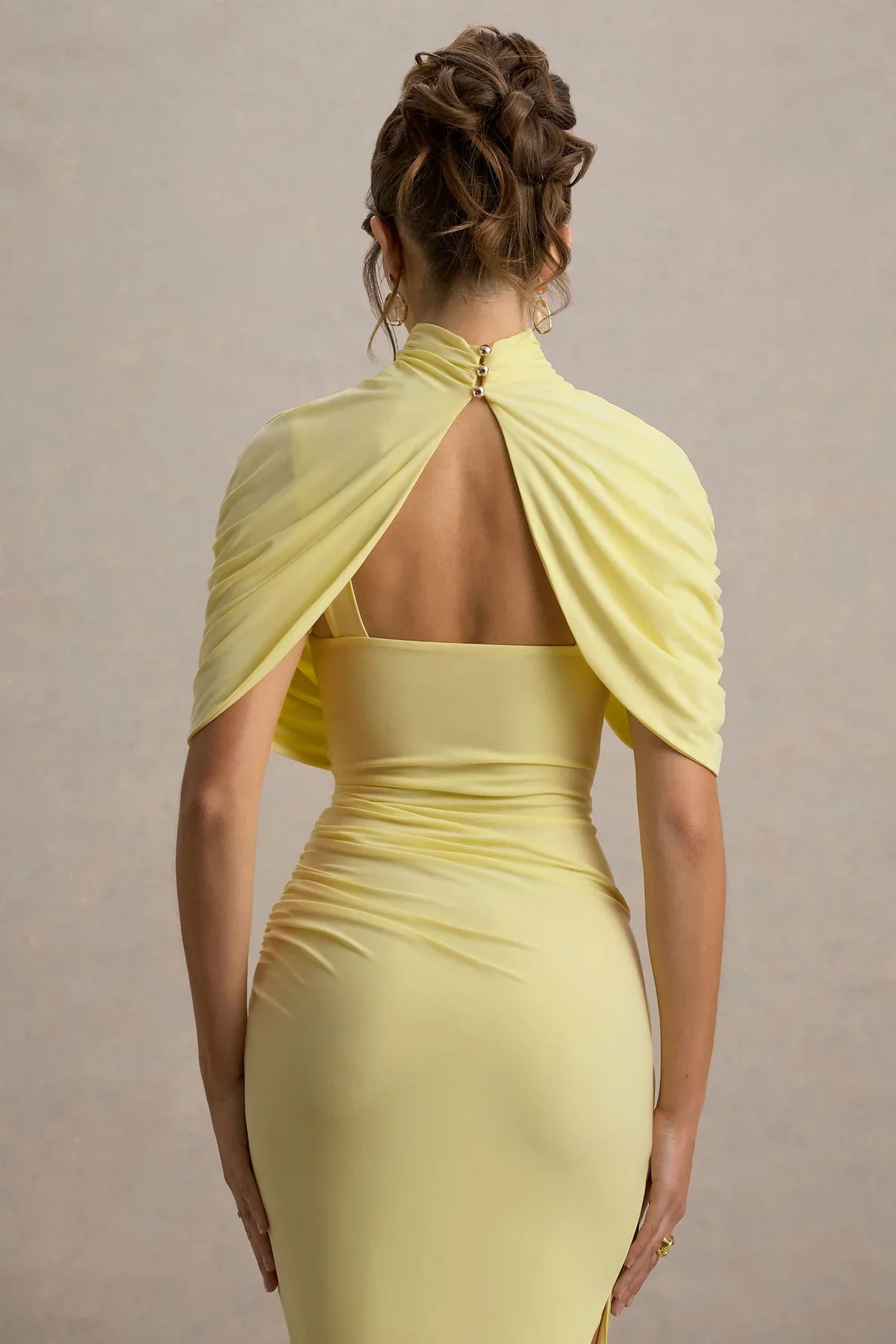 Flowering Girl Women Asymmetric Cape Ruched Midi Dress - Yellow
