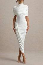 Flowering Girl Women Asymmetric Cape Ruched Midi Dress - White