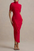 Asymmetric Cape Ruched Midi Dress - Red