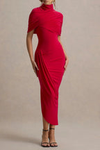 Asymmetric Cape Ruched Midi Dress - Red