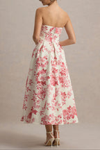 Cream & Pink Floral Strapless Midi Dress