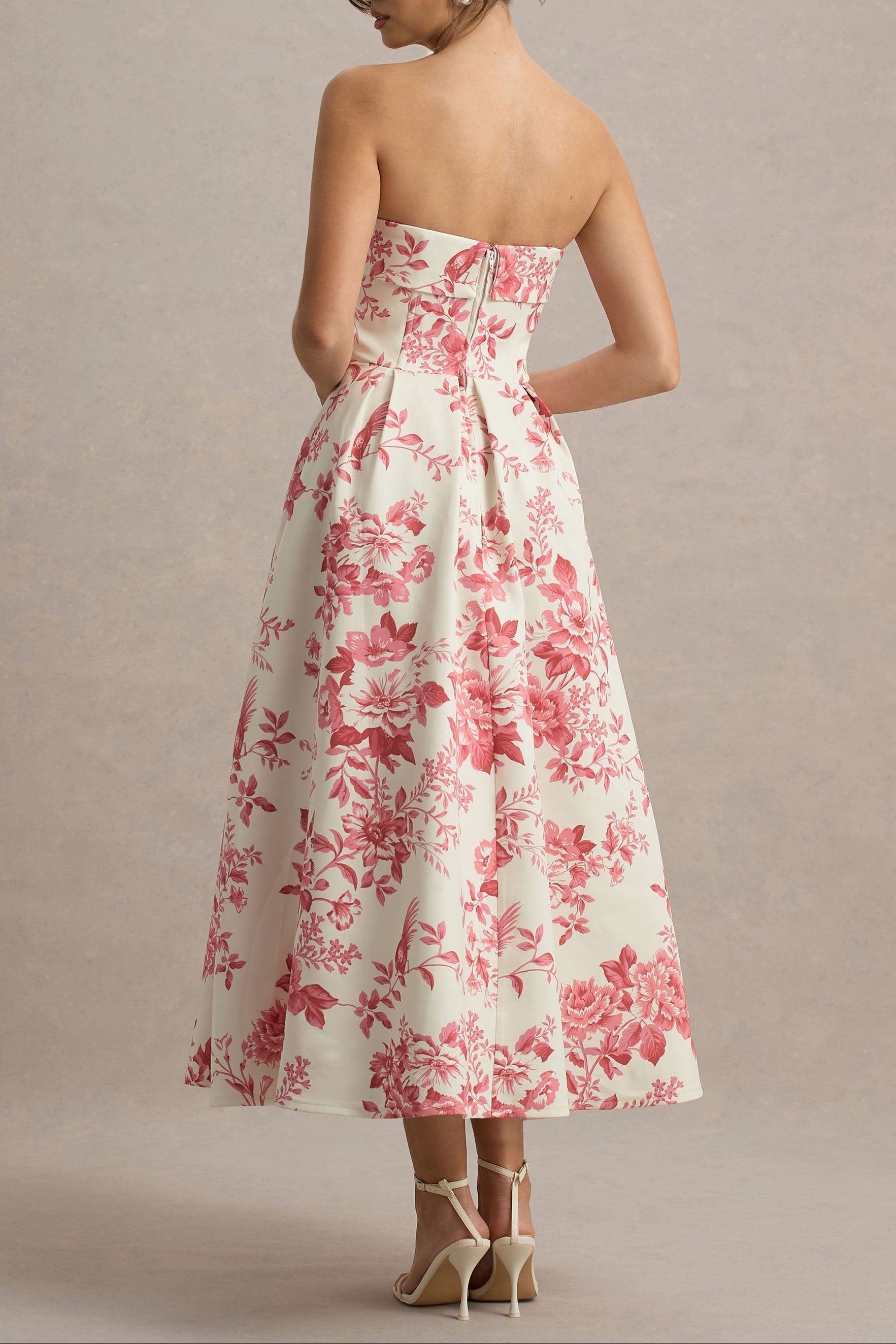 Cream & Pink Floral Strapless Midi Dress