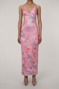 Printed Strappy Butterfly Backless Plunge Sheath Slip Maxi Dress
