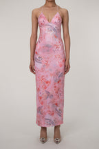 Printed Strappy Butterfly Backless Plunge Sheath Slip Maxi Dress