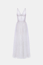 monica violet draped tulle fishbone maxi dress
