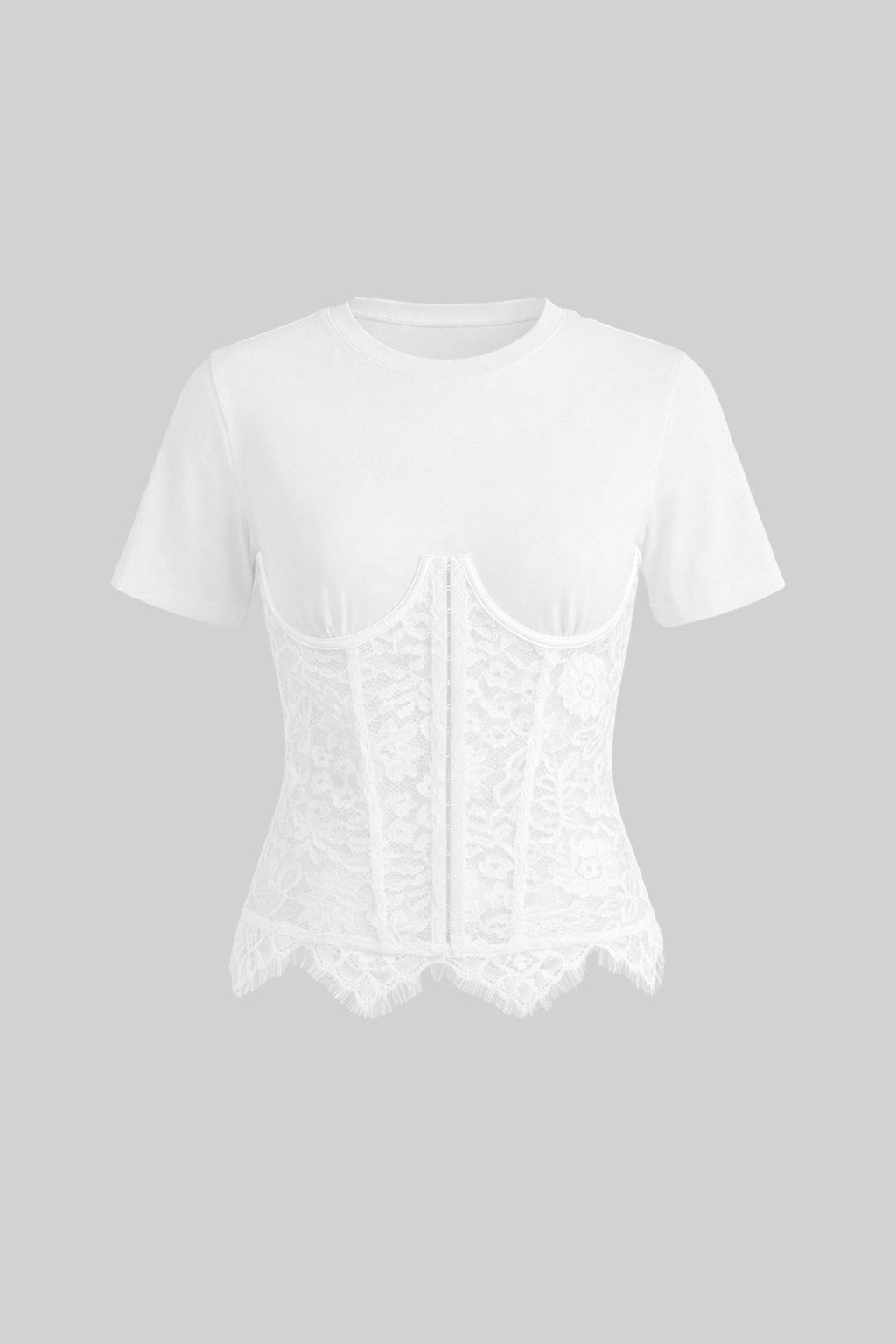 Flowering Girl Women White Spliced Floral Lace Corset Short Sleeve T-shirt
