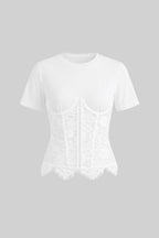 Flowering Girl Women White Spliced Floral Lace Corset Short Sleeve T-shirt