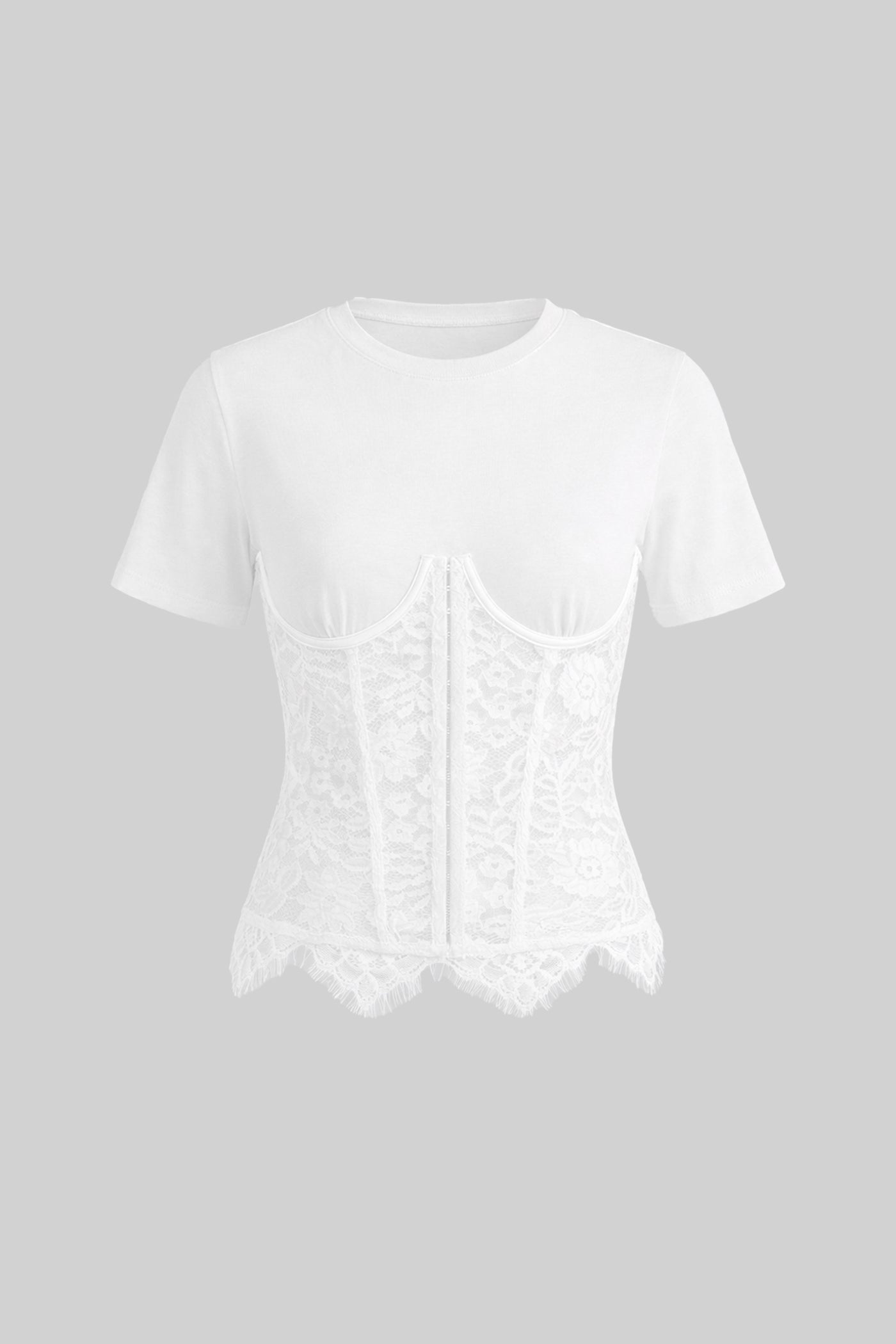 Flowering Girl Women White Spliced Floral Lace Corset Short Sleeve T-shirt