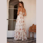 V-neck floral print high slit maxi dress - apricot