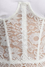 Flowering Girl Women White Spliced Floral Lace Corset Short Sleeve T-shirt