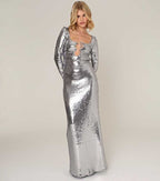 Flowering Girl Women sequin long sleeve cut out maxi dress in silver