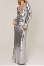 Flowering Girl Women sequin long sleeve cut out maxi dress in silver
