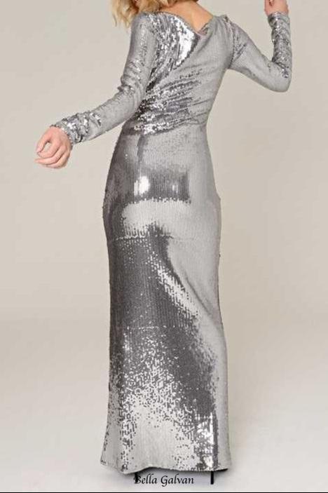 Flowering Girl Women sequin long sleeve cut out maxi dress in silver