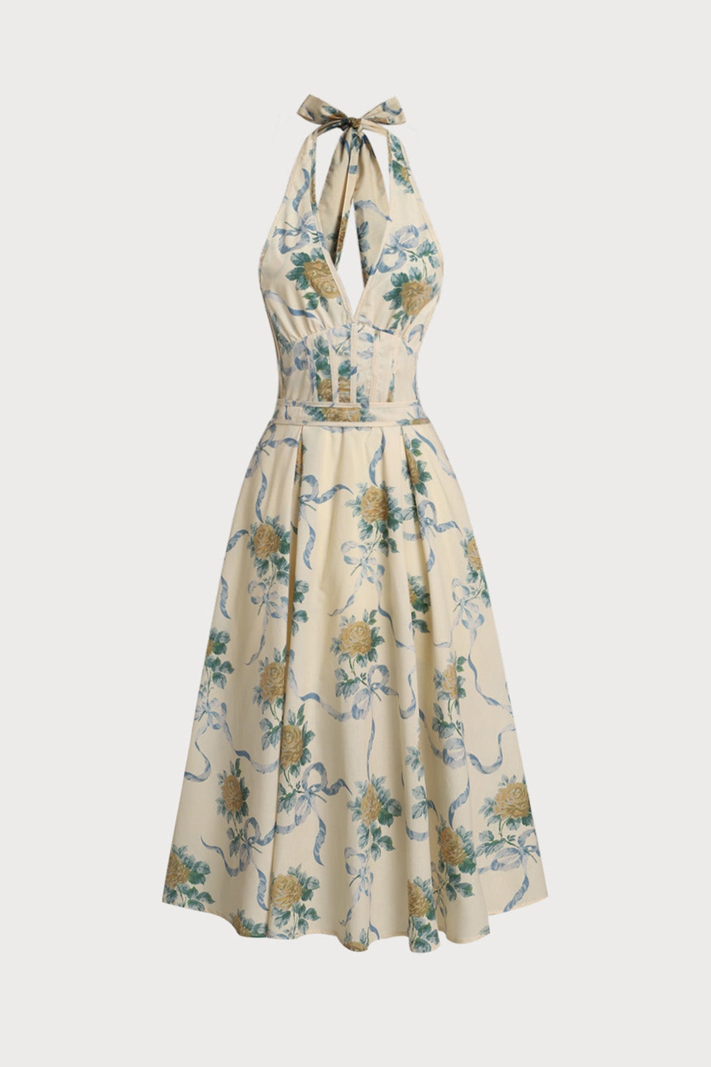 deirdre Floral Print Deep V Neck Midi Dress in yellow
