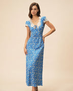 lyuba floral printed Lace-trimmed V-neck maxi dress in blue