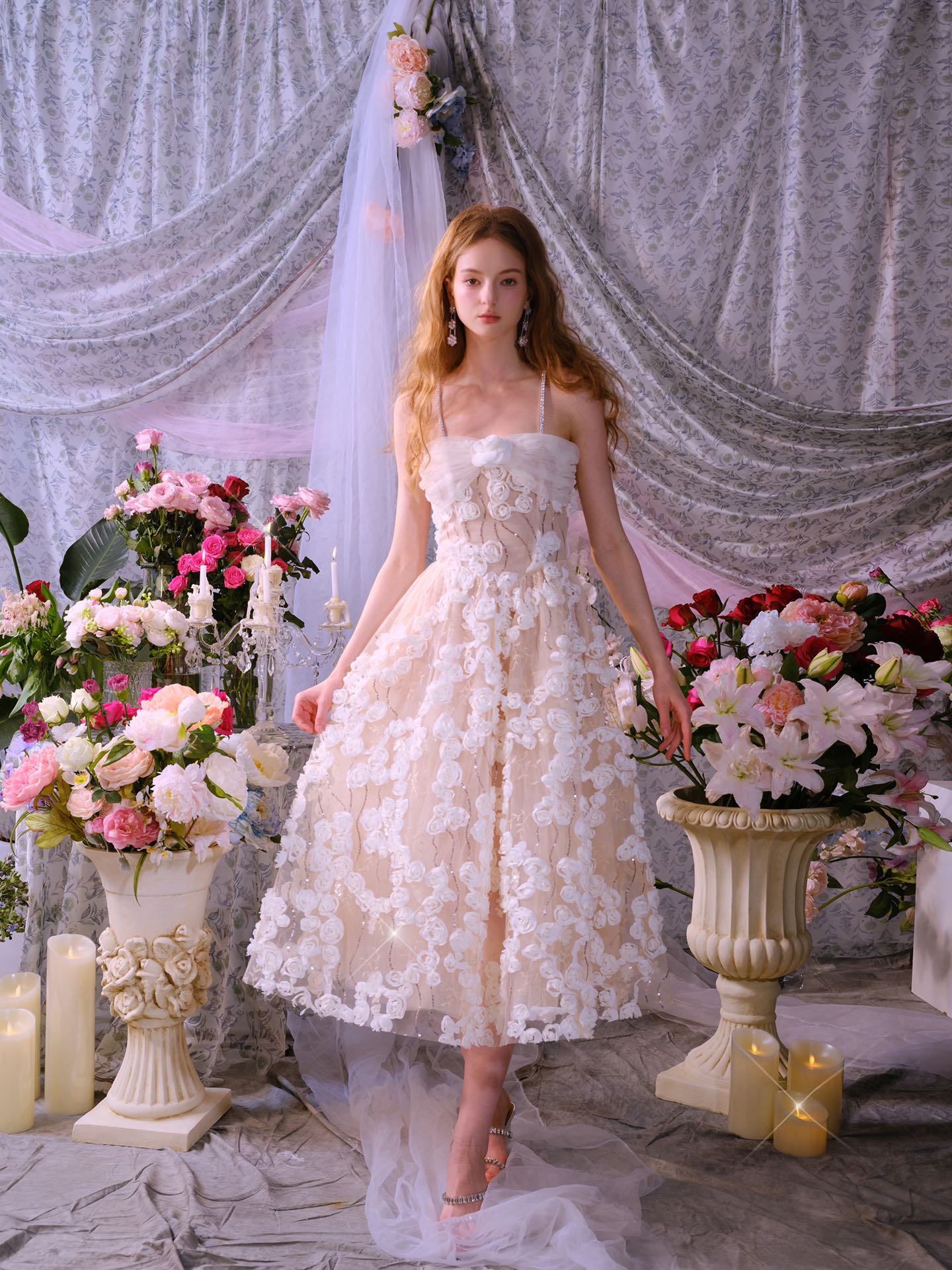 Flowering Girl Women Stereoscopic Flower Rhinestone Chain maxi Dress in white
