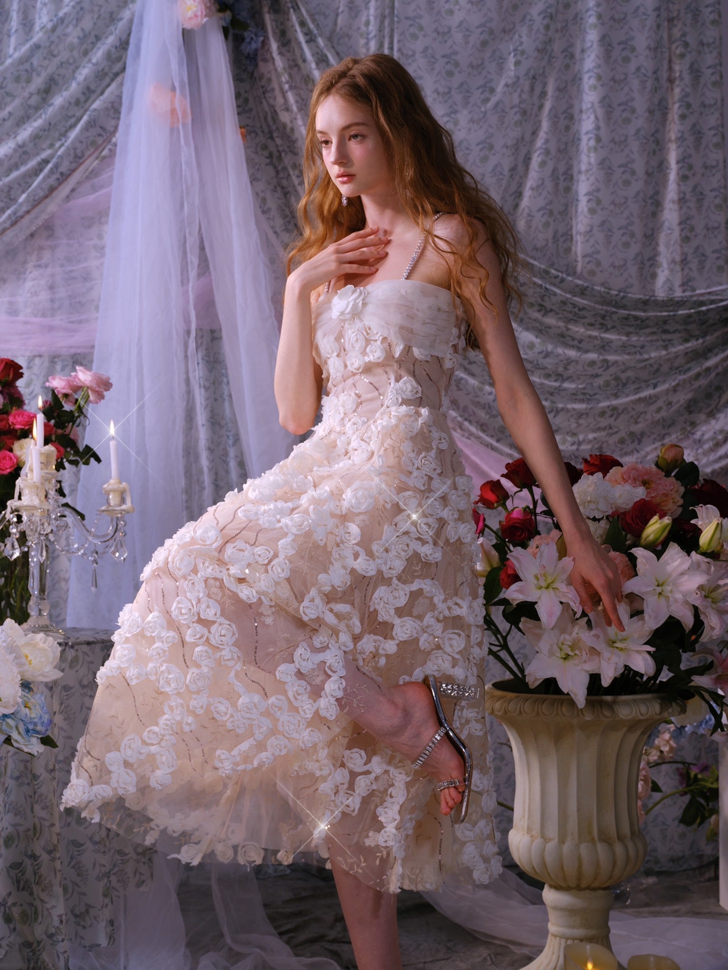 Stereoscopic Flower Rhinestone Chain maxi Dress in white