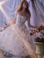 Flowering Girl Women Stereoscopic Flower Rhinestone Chain maxi Dress in white