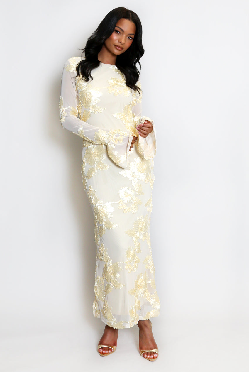 Flowering Girl Women Floral Lace Lined Flute Cuffs Midi Dress