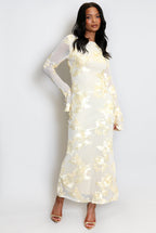 Floral Lace Lined Flute Cuffs Midi Dress