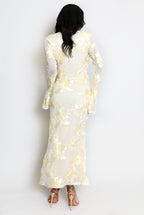 Floral Lace Lined Flute Cuffs Midi Dress