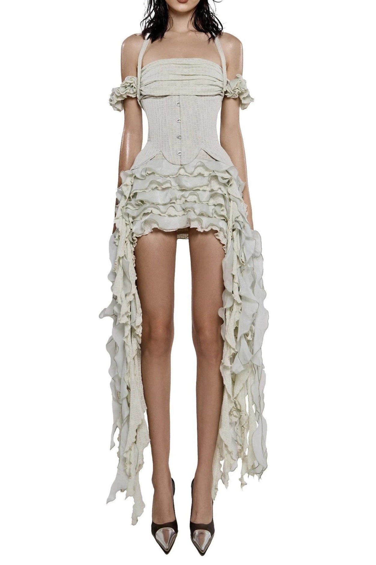 elva halter three-dimensional flower irregular tassel mini dress in Beige