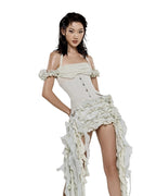 elva halter three-dimensional flower irregular tassel mini dress in Beige