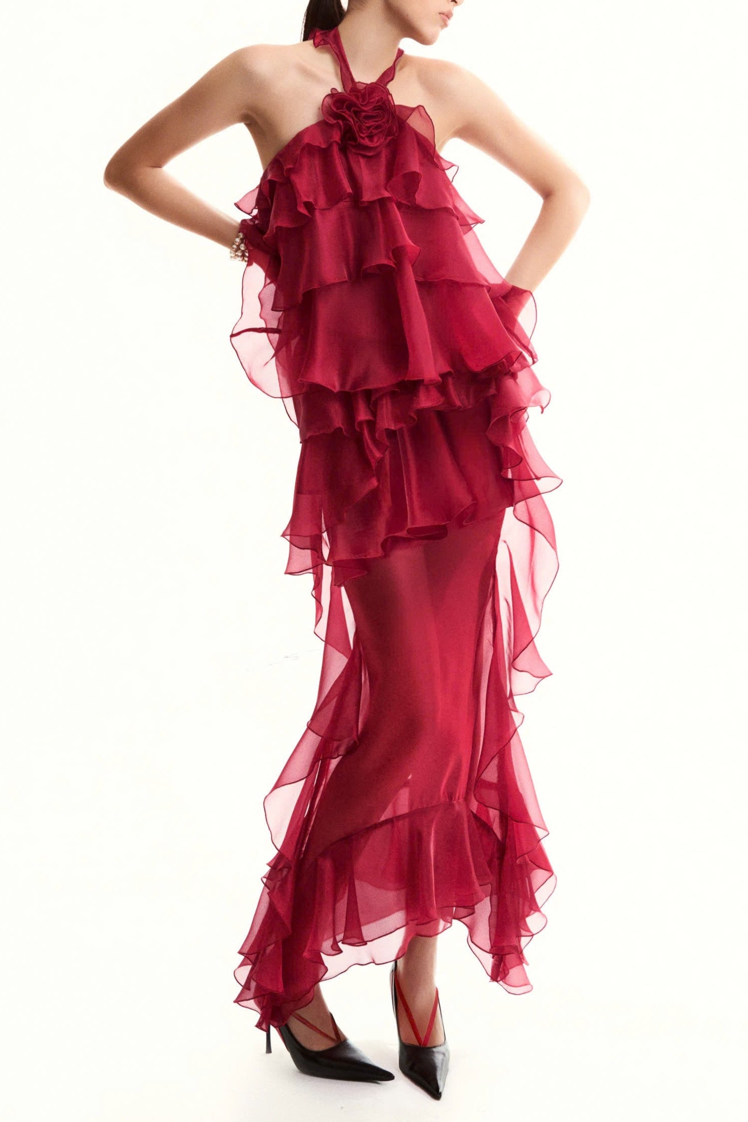 Flowering Girl Women Bedelia Floral Halter Chiffon Ruffle Midi Dress