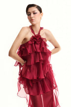 Flowering Girl Women Bedelia Floral Halter Chiffon Ruffle Midi Dress