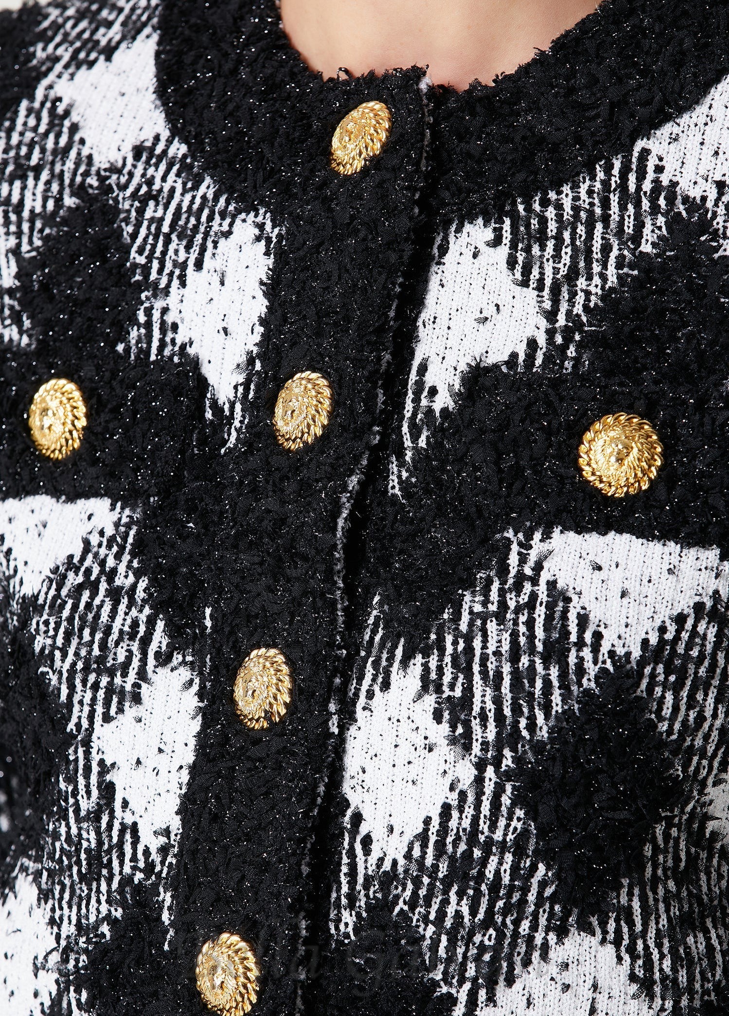 Flowering Girl Women Black White Gingham Tweed Cardigan